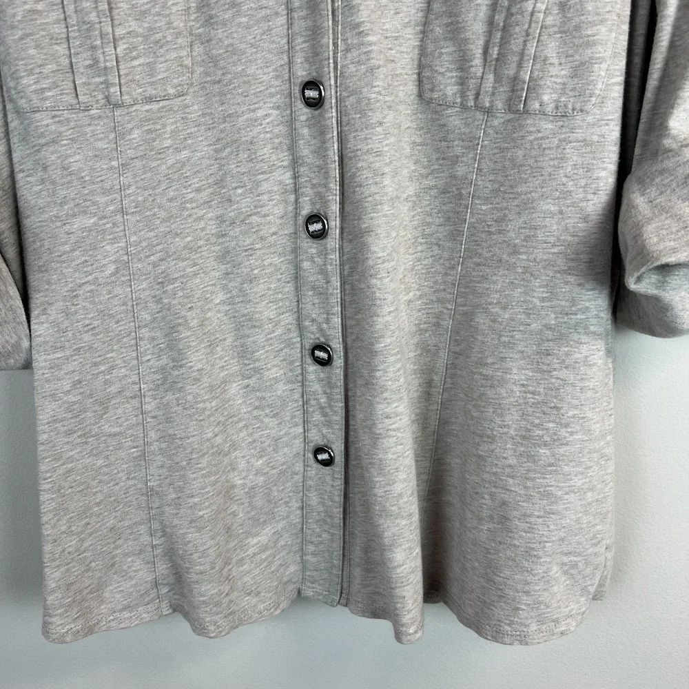 Lafayette 148 Top Womens XL Beige 3/4 Roll Tap Button Up Collared V-Neck Cotton - Picture 4 of 11